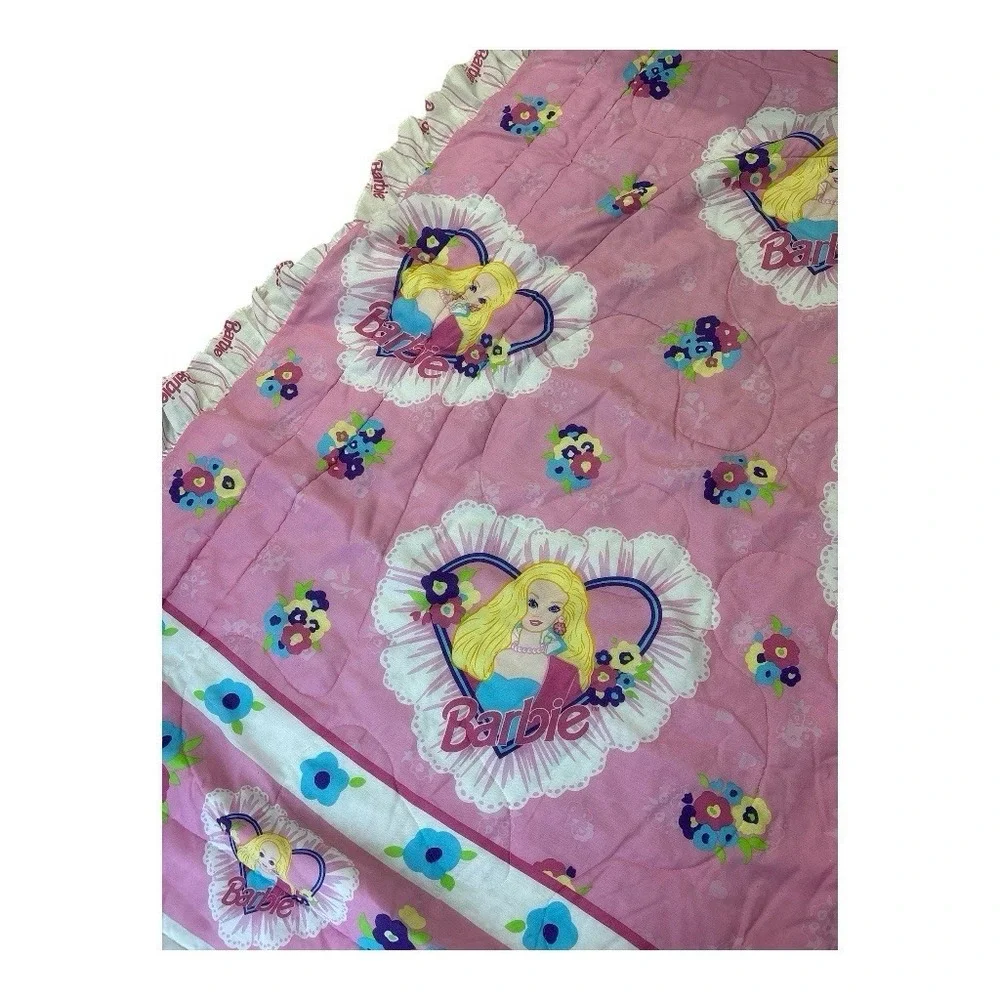 Vintage 90s Mattel 2 Sided Barbie Floral Hearts Comforter Twin 66